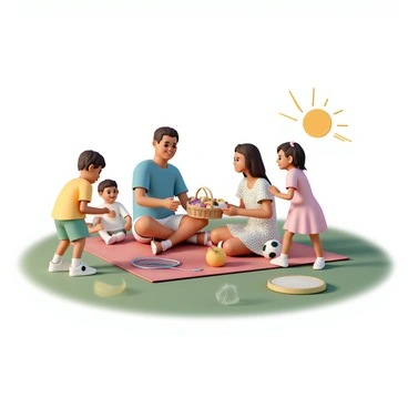 A family of four enjoys a picnic on a lush green lawn in a sunlit park. The parents, a man wearing a blue t-shirt and shorts, and a woman in a floral dress, are sitting on a red picnic blanket. They are smiling as they share a wicker basket filled with sandwiches and fruits. Their two children, a boy wearing a yellow shirt and green shorts, and a girl in a pink dress, are playing nearby with a soccer ball. There is a frisbee and a tennis racket resting on the grass, and the sun casts warm light on the scene, creating a cheerful atmosphere.
