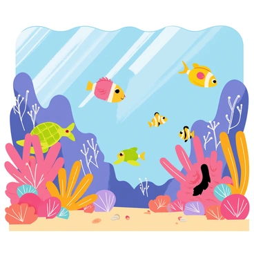 A vibrant underwater scene filled with various marine life. Brightly colored fish of different shapes and sizes swim among lush coral reefs in shades of pink, orange, and purple. A friendly sea turtle glides gracefully through the water, and a playful school of small, yellow fish dart in and out of the coral. A pair of clownfish can be seen nestled within an anemone. Sunlight filters down from the surface, creating shimmering patterns on the sandy ocean floor dotted with seashells.