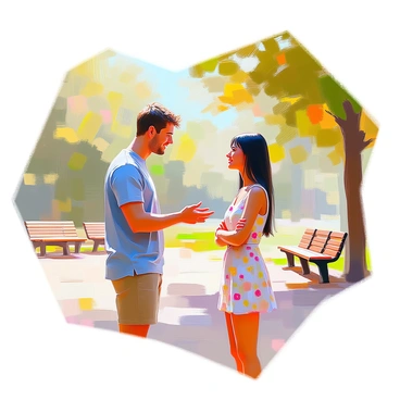 A scene depicting a conversation between two individuals, a man and a woman, standing in a sunlit park. The man has short brown hair and is wearing a casual blue t-shirt and khaki shorts. He leans slightly forward, making eye contact as he speaks, his hands gesturing animatedly as if emphasizing his point. The woman has long black hair and is dressed in a light floral dress. She stands with her arms crossed, tilting her head slightly to the side, showcasing a thoughtful expression as she listens intently to the man. The background includes lush greenery and a few scattered park benches, creating an inviting atmosphere for their interaction.
