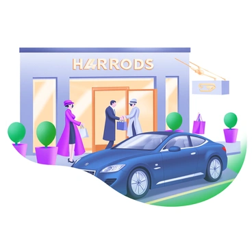 A modern pastel illustration featuring a luxury car parked in front of "Harrods," showcasing its sleek design and polished exterior. Shoppers in stylish attire, including tailored coats and elegant hats, are entering the store. In the background, the iconic façade of "Harrods" is visible, adorned with decorative lights. The scene captures a sense of luxury and fashion, with some shoppers carrying shopping bags. The pavement is lined with potted plants, adding a touch of greenery to the urban environment.