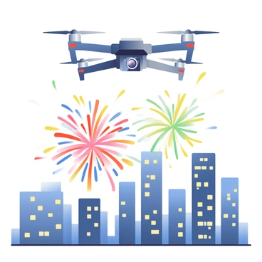 A drone with a sleek, black design is hovering in the sky, capturing the scene. Below, a vibrant fireworks display explodes in a variety of colors, illuminating the night sky. The city skyline is silhouetted in the background, featuring tall skyscrapers with lights twinkling in the windows. The fireworks bloom in shades of red, blue, gold, and green, sending sparks radiating in every direction. The drone’s camera lens glints subtly as it records the breathtaking views of the colorful pyrotechnics above the bustling city.