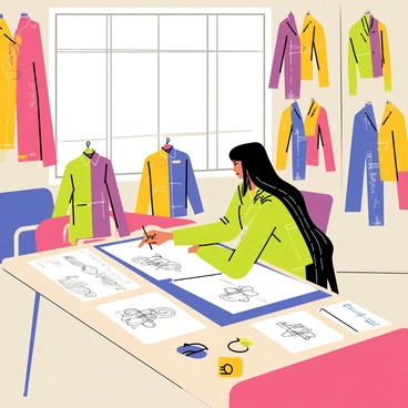 A biker girl with long, flowing hair is seated at a large, wooden table in a creative studio, surrounded by colorful sketches of motorcycle gear. She is focused, using a pencil to make adjustments to one of the designs. Various fabrics in vibrant colors and textures are draped around the room, some hanging from the walls, while others are spread out on the table. A few half-finished jackets are visible, showcasing intricate stitching and unique patterns. The studio has large windows letting in natural light, illuminating the workspace filled with inspiration for custom motorcycle gear.