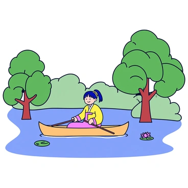 A Chinese girl sitting in a small wooden boat while rowing gently on a calm river. The river is surrounded by dense, lush greenery, including tall trees with thick canopies. The girl's hair is tied back, and she is wearing a colorful traditional dress. The water reflects the vibrant colors of the surrounding foliage and the girl's attire. A few water lilies float on the surface nearby.