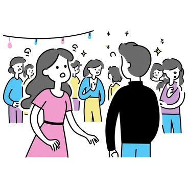 A crowded party scene with numerous people mingling and socializing. In the foreground, a young woman named Juliet, with long flowing hair and wearing a red dress, is standing with a surprised expression. Across the room, a young man named Romeo, dressed in a black suit, is looking directly at her. Their eyes are locked in a moment of connection, and small visual representations of "sparks" are depicted between them, enhancing the intensity of their gaze. The background features colorful decorations and people engaged in conversations, emphasizing the lively atmosphere of the party.