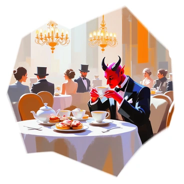 A devil with red skin and small, curled horns is discreetly sipping tea from a delicate porcelain cup in a bustling Victorian tea room. The devil is dressed in a sharp, tailored black suit with a red cravat, blending in with the elegantly dressed patrons around him. He sits at a small round table adorned with a lace tablecloth, surrounded by patrons in Victorian attire, including women in long dresses and men in top hats. The room is filled with the soft chatter of conversation and the clinking of teacups, with ornate chandeliers casting warm light throughout the space. A variety of pastries and finger sandwiches are elegantly displayed on the table, adding to the refined atmosphere.