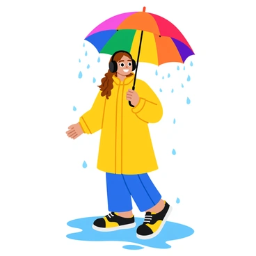 A girl with long, wavy brown hair is standing in the rain, wearing a bright yellow raincoat. She has large, over-ear black headphones covering her ears. In her hand, she holds a colorful umbrella that is open overhead, protecting her from the falling raindrops. The ground is a mix of puddles reflecting the soft light from the gray sky. The girl's face shows a joyful expression as she sways to the music, with raindrops splashing around her feet. The scene captures the playful moment of enjoying music while embracing the rain.