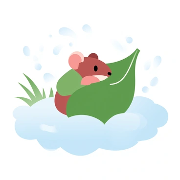 A small field mouse wrapped snugly in a large green leaf is nestled in a snowy field. The snow covers the ground in a soft white blanket, contrasting with the vibrant green of the leaf. Flurries of snow gently fall around the mouse, creating a serene winter scene. The leaf is partially curled around the mouse, offering warmth and protection. In the background, patches of grass peek through the snow, adding texture to the landscape.