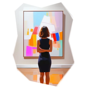 A woman with medium skin tone and shoulder-length curly hair is standing in front of a large abstract painting in a modern art gallery. She is wearing a stylish, fitted black dress and has her arms crossed in front of her as she admires the artwork. The painting features vibrant splashes of color, with bold geometric shapes and sweeping lines. The walls of the gallery are a soft white, and there is a polished wooden floor beneath her feet. The lighting is bright, highlighting both the painting and the woman’s thoughtful expression as she takes in the art.