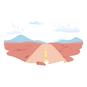 A dusty, barren landscape stretches out under a pale sky. In the foreground, a single empty road runs through the scene, flanked by dry earth and patches of cracked ground. Scattered throughout the landscape are several tumbleweeds, rolling gently in the wind, creating a sense of movement. The horizon features distant hills that blend subtly into the background, adding depth to the scene.