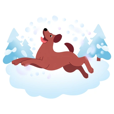 A dackel is leaping joyfully through a flurry of fresh snowflakes in a winter landscape. The dackel has a smooth, brown coat with a slightly elongated body and short legs, showcasing its playful nature. Around the dog, snowflakes are falling gently, creating a vibrant contrast against the dog's fur. The ground is covered in a thick layer of pristine white snow. In the background, snow-covered trees stand tall, their branches heavy with snow, completing the winter scene.