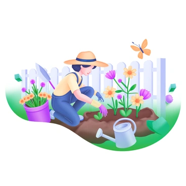 A vibrant suburban garden filled with colorful flowers in bloom. In the center, a gardener kneels on the ground, carefully planting a cheerful assortment of flowers in rich soil. The gardener is wearing a wide-brimmed hat, gloves, and a light shirt. Surrounding the gardener are flower pots, gardening tools like a trowel and watering can, and a butterfly fluttering nearby. Lush green grass and a white picket fence frame the scene, enhancing the garden's lively colors.