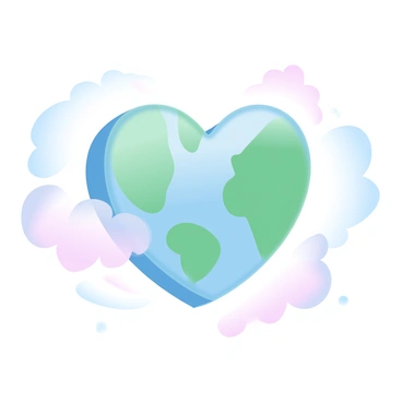 A heart-shaped Earth is placed in the center of the image, with a vibrant blue and green color scheme representing land and water. The surface of the Earth has a soft, glowing effect that suggests warmth emanating from it. Surrounding the Earth, there are swirling clouds illustrated in gentle pastel colors. Rays of light extend outward from the heart-shaped Earth, creating a sense of warmth and embrace. The background features a smooth gradient from soft pink to light yellow, enhancing the warm atmosphere of the scene.