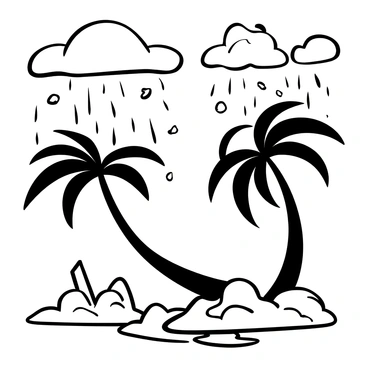 Palm trees bending dramatically under the force of strong winds during a tropical storm. Leaves are being tossed wildly, and the sky is filled with swirling clouds. Rain is pouring down, creating puddles on the ground below. Debris is scattered around, emphasizing the intensity of the storm. The scene conveys a sense of movement and chaos.