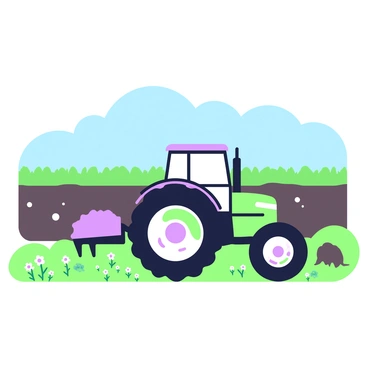 A modern tractor is actively tilling the soil in a vast open field. The tractor is large, with visible wheels and a shiny exterior. Behind it, freshly turned earth reveals dark soil ready for planting. The field stretches far into the distance, bordered by a line of green grass. Above the scene, a clear blue sky provides a bright backdrop, giving a sense of openness and space. In the foreground, clods of soil are scattered, showcasing the recent tilling process. Nearby, small patches of wildflowers can be seen, adding life to the landscape.