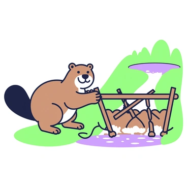 A cheerful beaver named "Bill" is working diligently beside a waterway. Bill has a glossy brown fur coat, and his large, flat tail is prominently displayed as he balances on his hind legs. He is gathering sticks and mud to construct a dam. The dam is partially built, with various sizes of sticks arranged in a crisscross pattern, and clumps of mud are placed between them to secure the structure. In the background, there is a small pond reflecting the surrounding trees. Bill appears focused and happy, with his front paws clutching a stick as he prepares to add it to the dam.