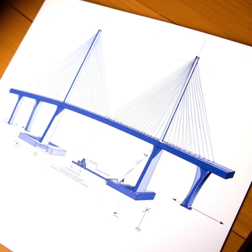 An architectural drawing of a suspension bridge is displayed prominently on a large sheet of paper. The bridge features long, sweeping cables that extend from towering pylons, creating a graceful arc above the main span. Detailed structural elements are included, such as the intricate cross-bracing between the cables and the towers. Below the bridge, there are support beams and the roadway deck illustrated with precise measurements and annotations. The drawing captures the complexity of the bridge’s design, showcasing the connections between various components, including the anchorage sections that secure the cables into the ground. The overall composition is meticulously laid out, emphasizing the engineering precision involved in constructing the bridge.