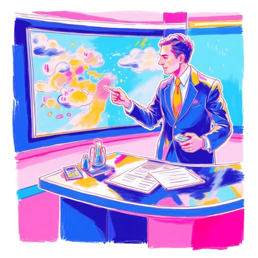 A meteorologist stands behind a news station desk, wearing a tailored suit and a bright tie. He is holding a remote control in one hand while pointing to a large weather map displayed on a screen. The map shows colorful icons indicating various weather patterns, including dark clouds and lightning. Behind him, a bright blue backdrop features the news station's logo. The meteorologist has a focused expression as he speaks into the microphone, emphasizing the urgency of the "incoming storm" alert. Various weather instruments, like a barometer and thermometer, are neatly arranged on the desk.