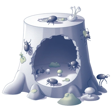 A hollow tree trunk with a rough, textured exterior stands in the center of the image. The inside of the trunk is dark and spacious, filled with various beetles of different sizes and shapes, each showing intricate detailing on their exoskeletons. Some beetles are crawling along the inner surface, while others are clustered together in small groups, possibly interacting. Tiny mushrooms and moss grow in patches around the interior, adding to the rich biodiversity. Sunlight filters through the openings of the trunk, casting soft shadows and illuminating the miniature ecosystem within. "Beetles inhabiting a hollow tree trunk, creating a mini ecosystem" is written in an organic, flowing font, integrated into the scene.