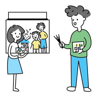 A child with curly hair is standing in front of a blank white wall, holding a paintbrush in one hand and a palette of bright colors in the other. The child is focused on painting a picture of a smiling family, which includes a mother and father standing side by side, both depicted with cheerful expressions. The mother has long hair and is wearing a blue dress, while the father is in a green shirt and jeans. Two children, one boy and one girl, are positioned in front of them, all together creating a joyful scene. The background is minimalistic, emphasizing the vibrant colors of the family portrait being painted.