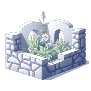 A stone wall encloses a secluded garden. The wall is textured, with weathered stones of various sizes, creating a natural, rustic appearance. Inside the garden, an abundance of flowers bloom, filling the space with intricate shapes and forms. The flowers vary in size, creating layers of depth, with some towering and others low to the ground. They display a mix of petals, each flower exhibiting unique characteristics. Green foliage surrounds the flowers, adding lushness to the scene. Sunlight filters through the openings in the wall, casting gentle shadows and highlighting the vibrant blooms within the garden.