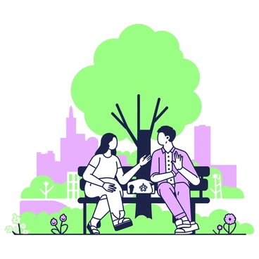 Two people are sitting on a park bench under the shade of a large tree. One person is a woman with long hair, wearing a light dress and sandals, seated on the left side. She is leaning slightly forward, showing engagement in the conversation. The other person is a man with short hair, wearing a casual shirt and jeans, seated on the right side. He is gesturing with his hands as he speaks, making eye contact with the woman. Around them, there are various elements such as a path behind the bench, grass in front, and a few colorful flowers blooming nearby. In the background, there are silhouettes of other trees and a distant skyline.