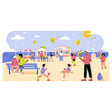 A bustling seaside pier filled with people enjoying their day. Families are sitting on benches, each holding colorful ice creams with different flavors. Children are running around, flying vibrant kites of various shapes and sizes in the clear blue sky. The pier is lined with small stalls selling snacks and souvenirs, and seagulls can be seen soaring overhead. The sun is shining brightly, reflecting off the water, creating a lively and cheerful atmosphere.