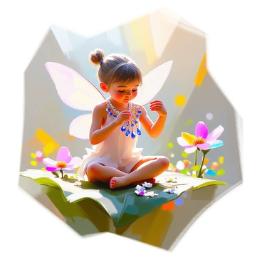 A tiny fairy with delicate wings is carefully crafting a necklace. She is seated on a large green leaf, surrounded by small, colorful wildflowers. The necklace consists of shimmering dew drops glistening like jewels, interspersed with vibrant flower petals in shades of pink, blue, and yellow. The fairy is using a thin strand of spider silk to string the dew drops and petals together. Sunlight filters through the leaves, illuminating her intricate work and casting soft shadows on the leaf beneath her. Her expression is one of concentration and joy as she brings her creation to life.