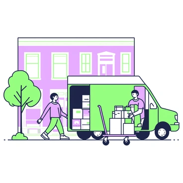 A moving van is parked in front of a new apartment building. The van's rear doors are open, revealing boxes stacked inside, some labeled with "kitchen" and "living room." A couple is unloading items from the van. The woman is carrying a large box labeled "fragile," while the man is lifting a piece of furniture, such as a wooden chair. Nearby, a dolly holds several smaller boxes ready to be taken inside. The apartment building has a modern design with large windows and a welcoming entrance. A small tree is planted near the sidewalk, adding to the urban scene.