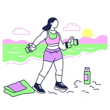 A fitness enthusiast is performing dumbbell exercises on a sandy beach. The person is wearing a fitted tank top and athletic shorts, showcasing a determined expression. The sunrise casts a warm light on the scene, illuminating the soft sand beneath their feet. Nearby, a towel is spread on the sand, and a water bottle sits next to it. In the background, gentle waves can be seen lapping against the shore, and the sky is filled with a gradient of soft colors as the sun rises. The ocean's surface reflects the morning light, creating a tranquil yet invigorating atmosphere.