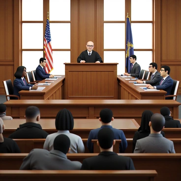 A busy courtroom filled with activity, featuring a judge sitting behind a large wooden bench. The judge is a middle-aged Caucasian man wearing a black robe and glasses. On one side, two lawyers are engaged in discussion; one is a Black woman in a navy suit and the other is a Hispanic man in a gray suit. They both have legal documents spread out before them on the table. In front of them, a jury box contains twelve jurors of diverse backgrounds, attentively listening. The room is adorned with wooden paneling, tall windows allowing natural light to stream in, and a large American flag positioned at the back. The atmosphere is focused and serious as everyone prepares for the proceedings.
