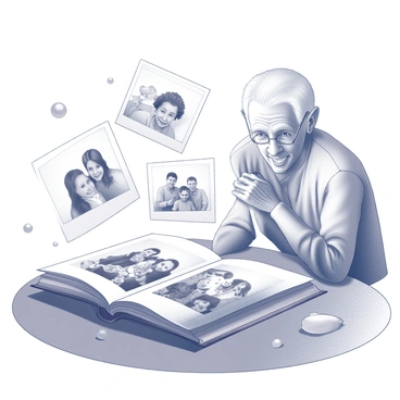 An open family photo album lies on a wooden table. The pages are filled with black-and-white photographs of family gatherings, celebrations, and candid moments. An elderly individual sits nearby, their expression reflecting nostalgia and joy. Ethereal, monochrome images appear to float above the album. The figures in the photographs seem animated, capturing their expressions and movements as they interact with the elderly viewer. The setting is warm and inviting, filled with subtle details like a soft light illuminating the scene and decorative elements around the table, creating a sense of cherished memories.