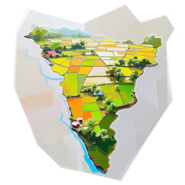 A detailed map of Kerala highlighting its lush paddy fields and agricultural areas. The map features vibrant green patches representing the extensive paddy fields across the region, interspersed with smaller farms growing a variety of crops. Clear waterways are depicted flowing through the landscape, reflecting the intricate irrigation systems utilized for agriculture. The boundaries of the agricultural areas are defined, showcasing the distinct shapes and sizes of the fields. Surrounding areas may include representations of nearby villages and towns, integrated seamlessly into the overall design of the map.