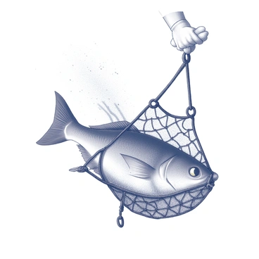 A cod fish is caught in a fisherman's net, struggling against the mesh as it is being pulled from the water. The net is colored black, with intricate knots and loops that hold the fish tightly. The water is splashing around the fish, creating droplets that rise in the air. The fisherman's hands are visible gripping the net, showing the tension and effort as he pulls the catch upward. The scene captures the dynamic interaction between man and nature, emphasizing the struggle of the fish against its entrapment.