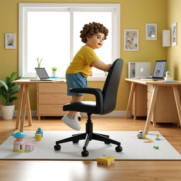 A curious toddler with curly brown hair and wearing a bright yellow shirt and blue shorts is climbing onto a sleek black office chair with wheels. The chair has a high back and is set in a cheerful home office filled with colorful decorations. A wooden desk holds a laptop and a few scattered toys, and there are framed pictures on the walls depicting family moments. Natural light streams in through a window, illuminating the scene, and a potted plant sits in the corner, adding a touch of greenery.