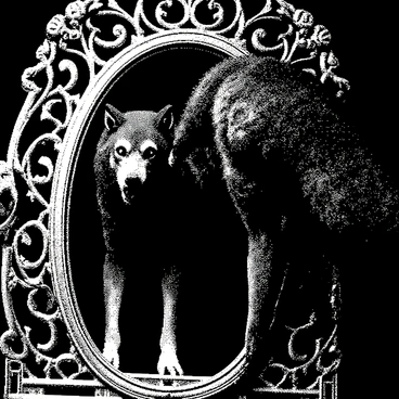 A werewolf is standing in front of an ornate, antique mirror. The werewolf has thick, dark fur and sharp claws, with piercing eyes that reflect a sense of intensity. Its posture is tense, and it leans slightly forward, gazing intently at its own reflection. The mirror has intricate carvings on the frame, showcasing a vintage design with swirling patterns and floral motifs. The background is dimly lit, accentuating the details of the werewolf and the ornate mirror.
