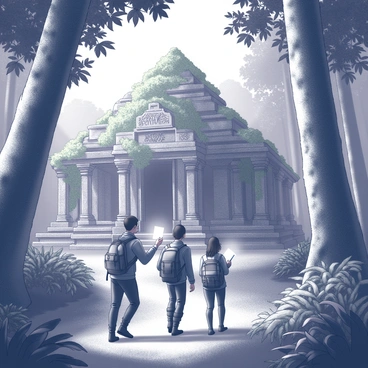 A group of three explorers navigating through a dense jungle. They are surrounded by towering trees and thick foliage, with sunlight filtering through the leaves above. One explorer is holding a glowing card that emits a soft light, capturing the attention of the others. The temple is partially obscured by vines and moss, featuring intricately carved stonework with ancient symbols. The atmosphere is filled with a sense of discovery as they approach the hidden structure, their expressions reflecting curiosity and awe.