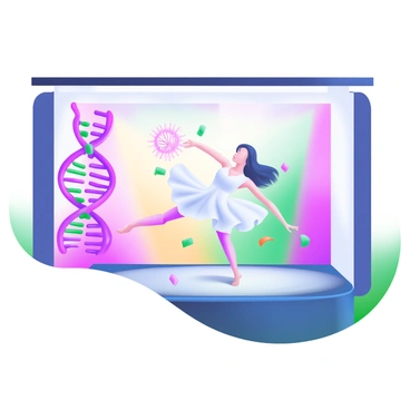 A stage is set with a vibrant backdrop representing a DNA double helix motif. In the foreground, two dancers are gracefully performing a routine, their movements mirroring the dynamic and fluid movements of chromosomes. One dancer, dressed in a flowing white costume, extends their arms to emulate the twisting structure of DNA. The other dancer, clad in a pastel blue outfit, mimics the process of chromosomal separation, with precise and sharp movements. Soft spotlights illuminate the dancers, casting gentle shadows on the stage floor, enhancing the fluidity of their performance. A subtle burst of confetti in pastel colors falls around them, adding an element of celebration to the routine.