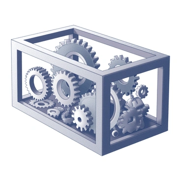 A rectangular frame filled with various cogs, gears, and mechanical elements. The frame is intricately designed, featuring an assortment of circular gears of different sizes, some meshing together and others positioned in a way that suggests movement. Small mechanical components, like levers and springs, are scattered throughout the frame, adding to the complex and industrial feel. The background of the frame is empty, highlighting the detailed arrangement of the mechanical elements within the boundaries of the frame.