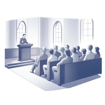 A congregation seated in a church, arranged in rows facing the front. The preacher stands at the pulpit, delivering a sermon with a focused expression. The attendees appear engaged, with some leaning forward and others nodding in agreement. Light filters through stained glass windows, casting shadows across the wooden pews. The interior features high ceilings and intricate woodwork, adding to the solemn atmosphere.