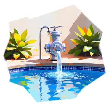 A swimming pool pump is positioned at the edge of a sparkling blue swimming pool, with water being siphoned back into the pool through a clear, flexible hose. The pump is metallic and robust, with visible gauges and controls, showcasing an intricate system of pipes and fittings. The water flows smoothly from the hose, creating gentle ripples on the surface of the pool, reflecting sunlight. Lush green plants frame the pool area, adding a vibrant touch to the scene.