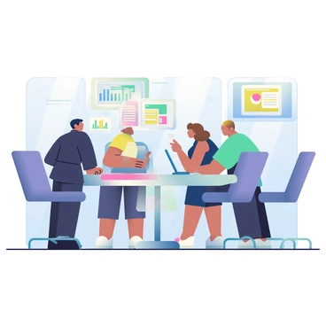 A futuristic office is filled with sleek, modern furniture and high-tech equipment. Holographic displays hover above the desks, showcasing various data and visual presentations. Several professionals are collaborating around a large, oval table, discussing ideas while pointing at the floating holograms. One person has short, dark hair and is wearing a fitted black suit, while another has curly, light brown hair and is dressed in a smart, navy-blue dress. The walls are adorned with glass panels that reflect the soft lighting from above, creating an atmosphere of innovation and teamwork.