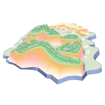 A topographic map is displayed prominently, showcasing a variety of colors representing different elevations. The map features prominent terraced vineyards on hillside terrain, depicted with green shades for the vines. Each terrace is outlined with thin brown lines, providing clarity to the layered layout. The surrounding areas are illustrated with soft contours in varying earth tones, indicating the natural shape of the hills. There are small labels indicating vineyard names scattered across the terraces, adding a touch of detail to the landscape representation.