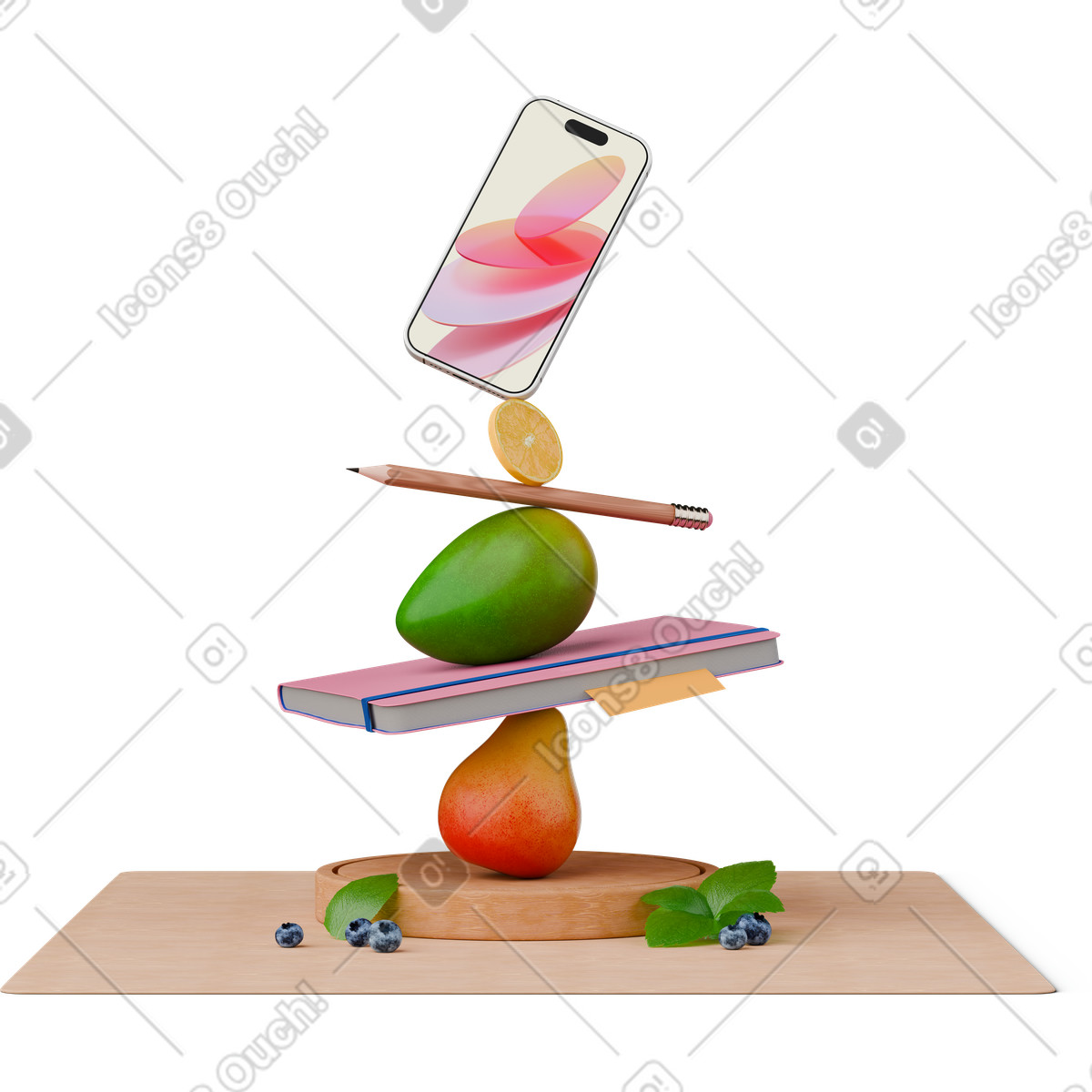 Pyramid made of fruits and smartphone illustration in 3D Hygge style download in PNG, SVG