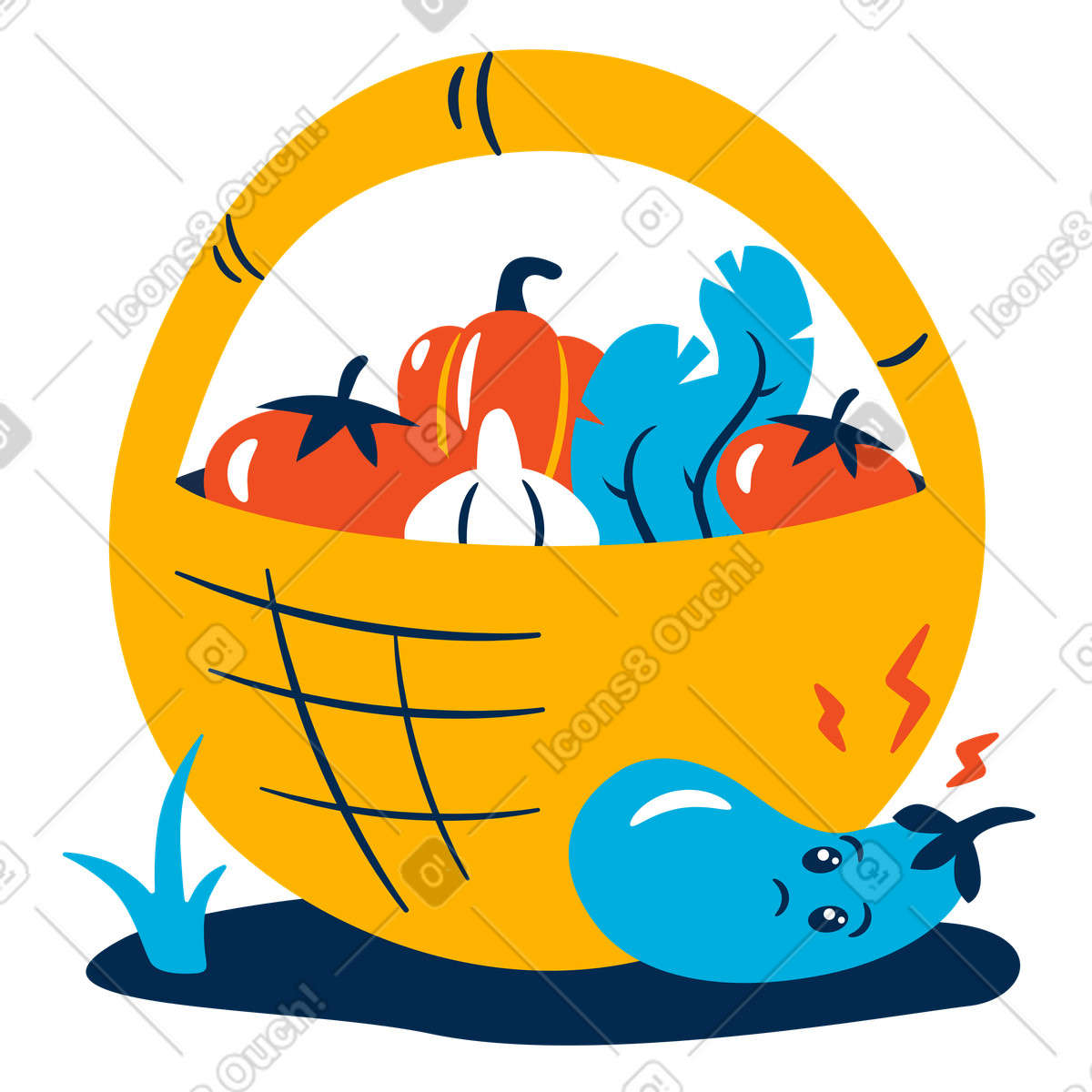 Ilustração de Fallen vegetable from basket, Fatal error warning or issue notification em no estilo Flame para baixar em PNG, SVG