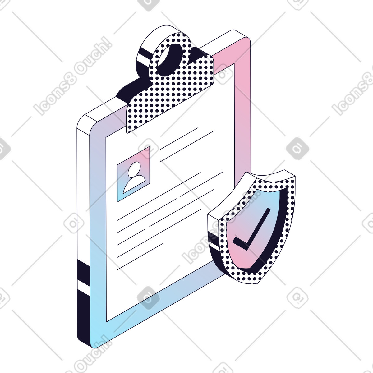 Blocco appunti con documento d'identit&agrave; e scudo, polizza assicurativa e privacy dei dati personali illustrazione in stile Node scarica in PNG, SVG