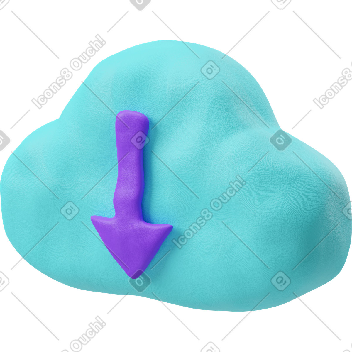 Three-quarter view of a blue download cloud icon illustration in 3D Plastilina style in PNG, SVG