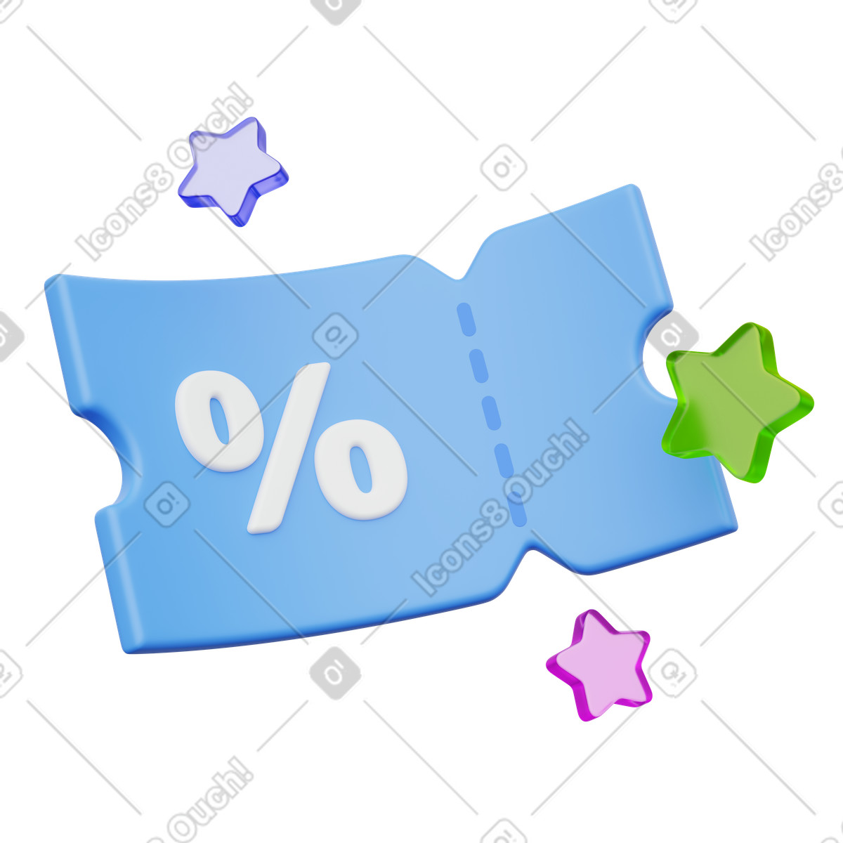 Ilustração de Cupom desconto, azul com estrelas e símbolo porcentagem, oferta especial em no estilo 3D Playful para baixar em PNG, SVG