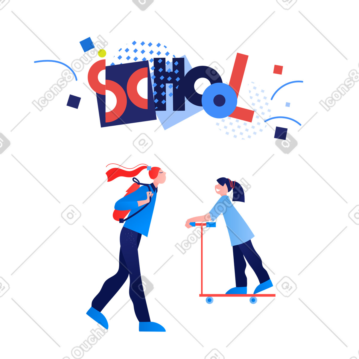 Younger and older students under School lettering, Kids returning to classes illustration in Clip style download in PNG, SVG