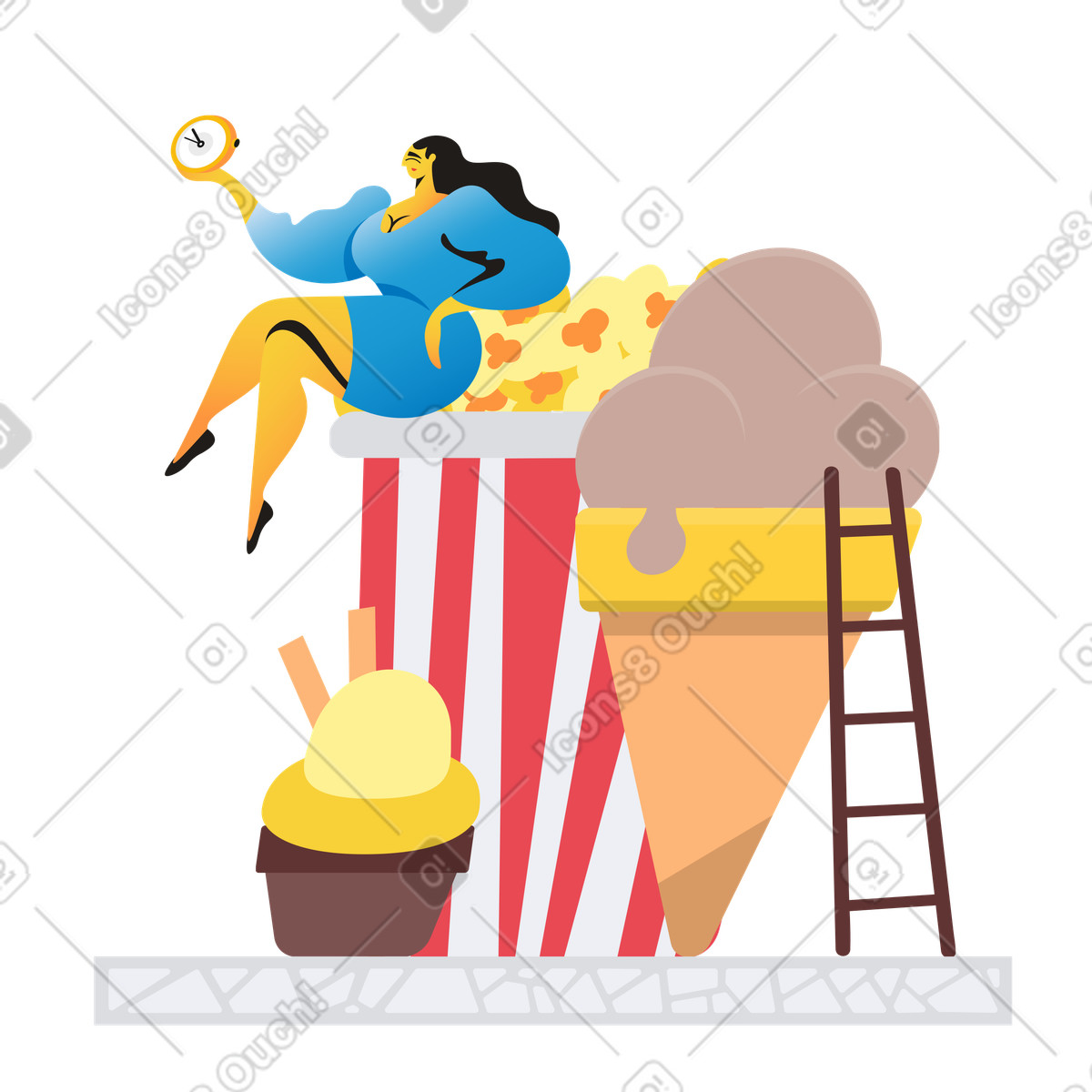Ilustração animada de Mulher sentada em uma pilha junk food com temporizador na mão no estilo Jaconda para baixar GIF, Lottie (JSON), AE