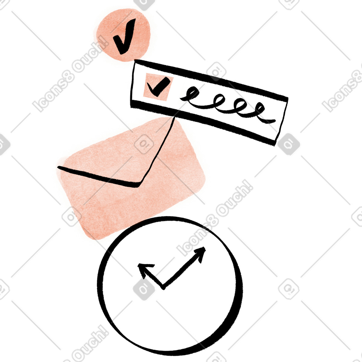 Task and letter in envelope balancing on analog clock, Finishing work time productivity concept animated illustration Hand-drawn animation style download GIF, Lottie (JSON), AE